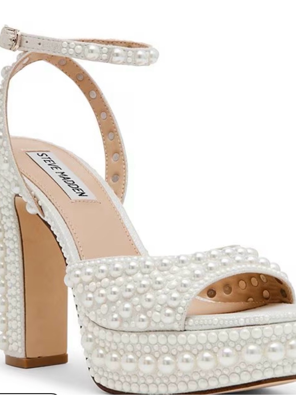 Steve Madden Womens Bridal Pearl Embellished Ankle Strap Block Heel Platform